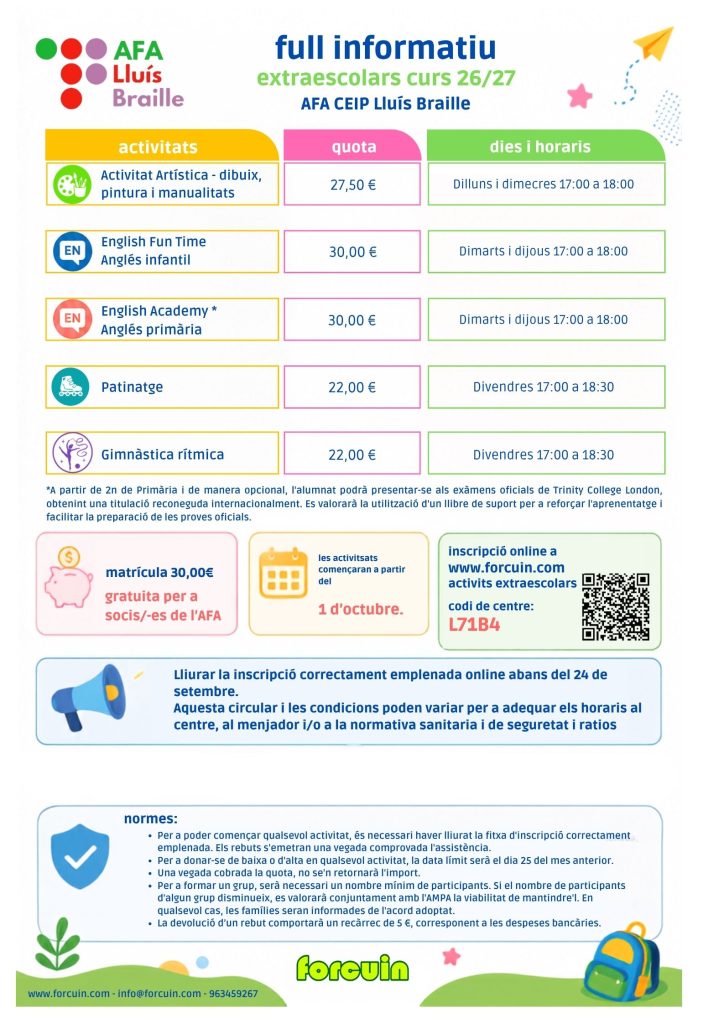 Full informatiu extraescolars Forcuin curs 26-27